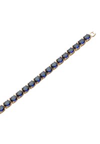 Bracciale dorato con una serie di gemme ovali blu, ciascuna incastonata in griffe, e un gancio a un'estremità. Superficie liscia con finitura lucida.
