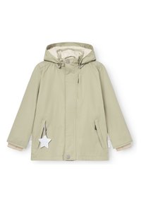 Veste vert clair, résistante à l'eau, avec une capuche, doublure intérieure crème, poches latérales et un accent en forme d'étoile sur une poche.