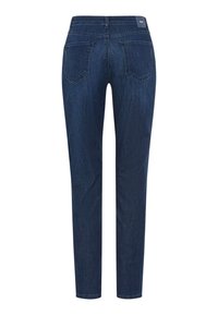 Bagudsigt af mørkeblå denim-skinny jeans med to baglommer og et lille mærkelabel på linningen.