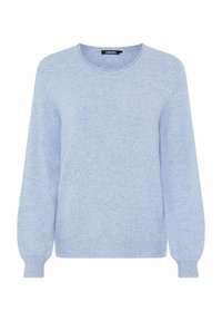 Hellblauer Strickpullover mit rundem Ausschnitt, langen Ärmeln sowie gerippten Bündchen und Saum. Weiche Textur mit leicht meliertem Erscheinungsbild.