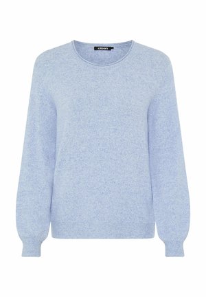 Pull en maille bleu clair avec un col rond, des manches longues et des bords-côtes aux poignets et à l'ourlet. Texture douce avec un aspect légèrement chiné.