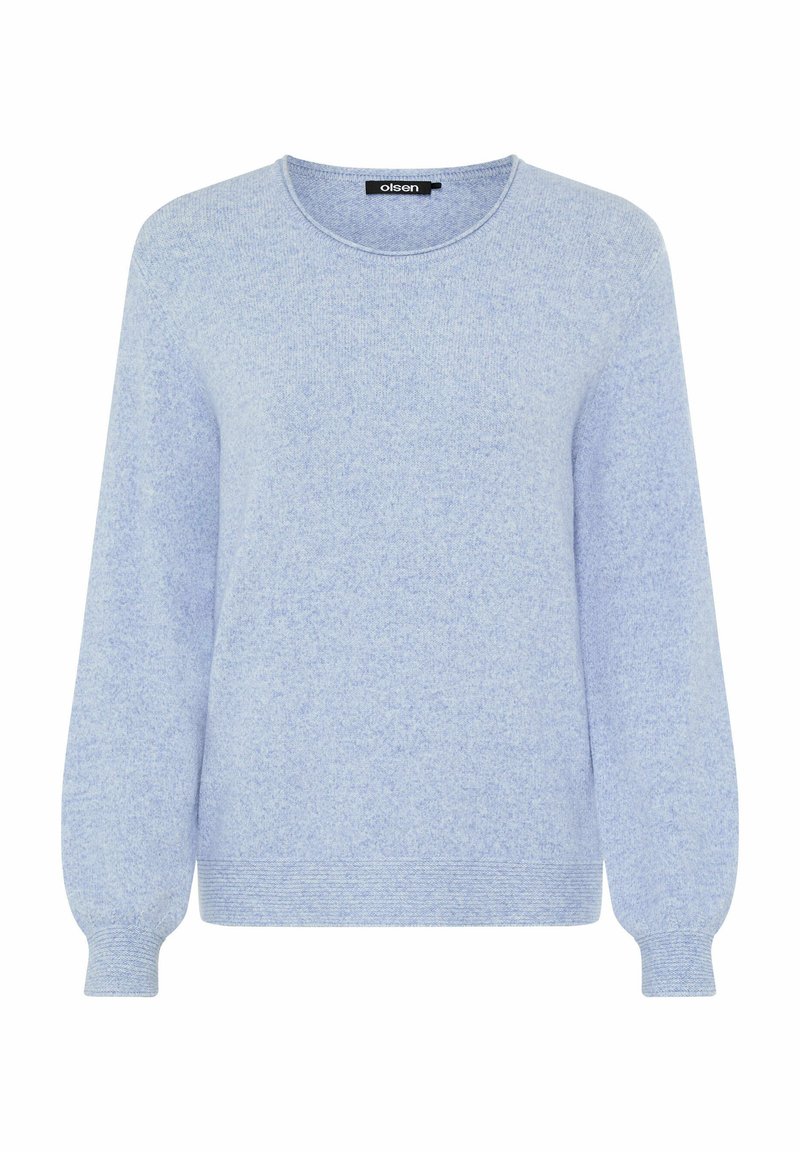 Hellblauer Strickpullover mit rundem Ausschnitt, langen Ärmeln sowie gerippten Bündchen und Saum. Weiche Textur mit leicht meliertem Erscheinungsbild.