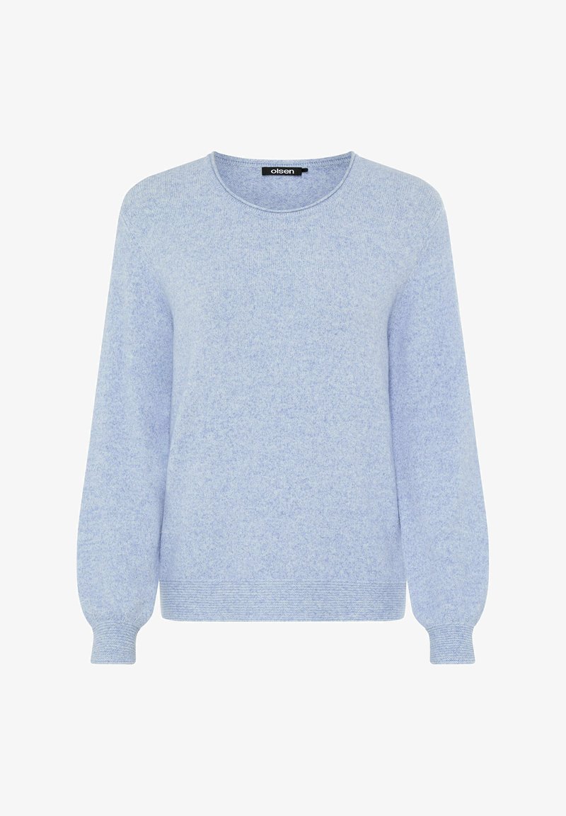 Hellblauer Strickpullover mit rundem Ausschnitt, langen Ärmeln sowie gerippten Bündchen und Saum. Weiche Textur mit leicht meliertem Erscheinungsbild.
