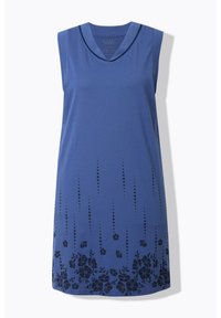 Abito senza maniche blu realizzato in morbido tessuto, con scollatura a V e un motivo floreale nero all'orlo, arricchito da dettagli verticali sopra.