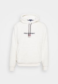 Felpa con cappuccio in pile bianco con tasca a marsupio, coulisse regolabili e logo "POLOSPORT" con piccolo accento della bandiera americana.