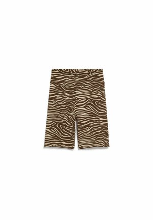 Shorts mi-long imprimé zèbre marron et beige avec une taille ajustée, présentés à plat sur fond blanc.