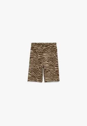 Shorts mi-long imprimé zèbre marron et beige avec une taille ajustée, présentés à plat sur fond blanc.
