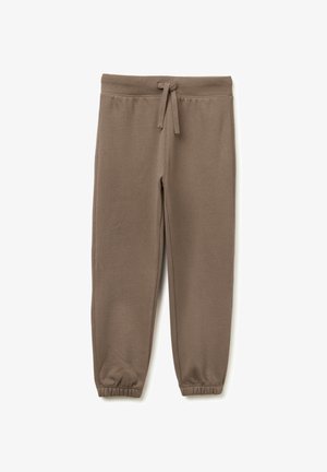 Braune Baumwoll-Sweatpants mit einem Kordelzugbund, schmal zulaufenden Bündchen und glatter Textur. Keine Muster oder Hardware-Details sichtbar.