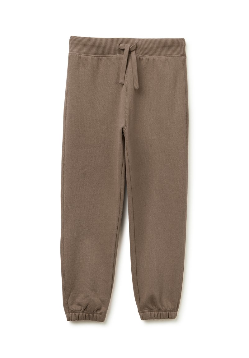 Braune Baumwoll-Sweatpants mit einem Kordelzugbund, schmal zulaufenden Bündchen und glatter Textur. Keine Muster oder Hardware-Details sichtbar.