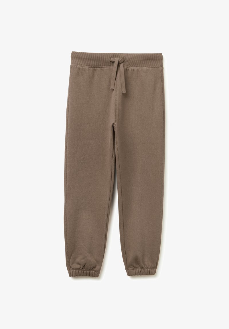 Braune Baumwoll-Sweatpants mit einem Kordelzugbund, schmal zulaufenden Bündchen und glatter Textur. Keine Muster oder Hardware-Details sichtbar.