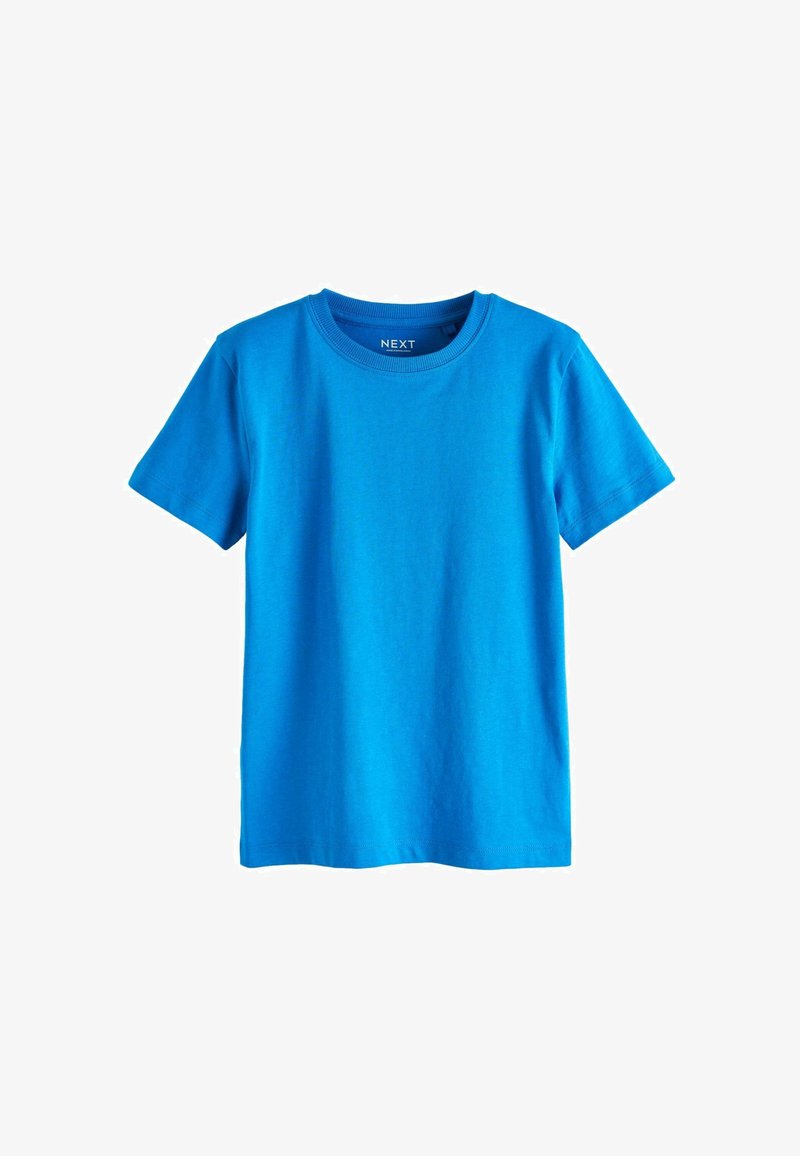 Spilgti zils īsās piedurknes T-krekls, izgatavots no mīksta kokvilnas. Klassisks apaļš kakla izgriezums, vienkāršs dizains bez rakstiem vai rotājumiem.