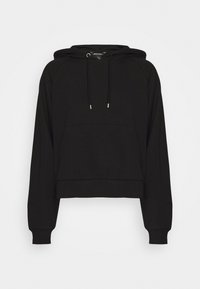 Sudadera corta negra con capucha, bolsillo canguro, cordones y puños de canalé. Fabricada con una tela suave y de textura lisa.