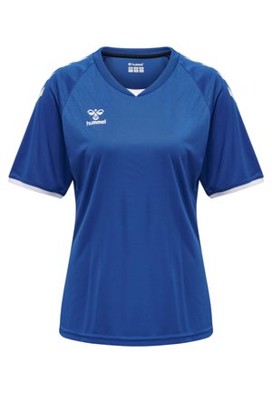Blue athletic shirt with short sleeves, round neck, and white accents. Made of smooth, breathable fabric, featuring a logo on the chest.