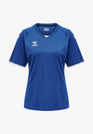 Blauw sportshirt met korte mouwen, ronde hals en witte accenten. Gemaakt van glad, ademend stof en met een logo op de borst.