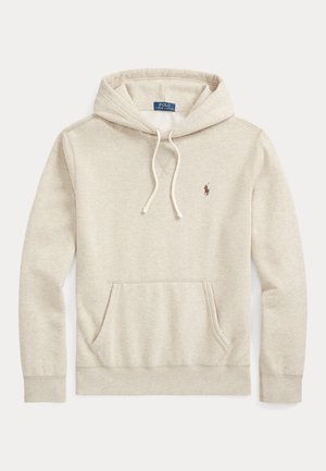 Sweat à capuche beige avec poche avant, capuche à cordon de serrage et petit logo Polo Ralph Lauren brodé sur le côté gauche de la poitrine.