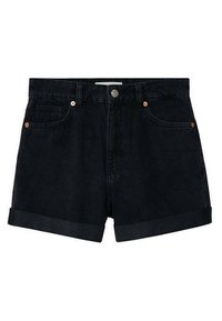 Pantalones cortos de mezclilla negros con una cintura alta, con dobladillos enrollados, cinco bolsillos y herrajes en color cobre como acentos.