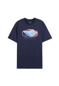 T-shirt bleu marine à manches courtes en coton avec un design graphique coloré représentant des vagues et un coucher de soleil, le texte indique "Oxbow Premium Surf Gear."
