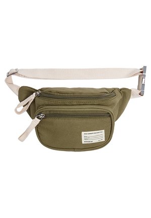 Olive green fabric waist bag with two zippered compartments and adjustable beige strap with metal buckle.