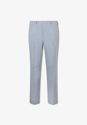 Lichtblauwe en witte slim-fit broek met subtiele verticale strepen, voorste knoopsluiting en riemlussen.