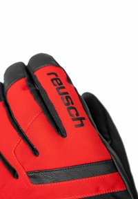 Red and black gloves with a smooth texture, featuring a logo and contrasting stripe accents. The design includes five articulated fingers.