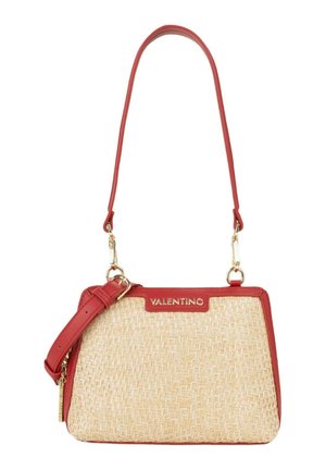 Rectangular beige woven handbag with red leather trim, adjustable shoulder strap, gold hardware, and Valentino logo on front center.