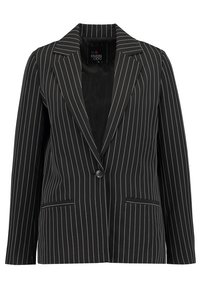 Blazer à fines rayures noires et blanches avec un col cranté, une fermeture à un bouton et deux poches avant. Texture lisse et intérieur doublé.
