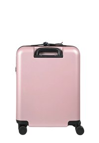 Koffer met harde schaal in mat lichtroze met een zwarte handgreep en wieltjes, met een slanke rechthoekige vorm en een beveiligd sluitsysteem.