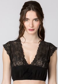 Schwarzes Spitzen-Bralette mit tiefem V-Ausschnitt und kurzen Ärmeln. Es verfügt über ein solides schwarzes Stoffband mit vorderen Knöpfen und einem elastischen Saum für eine gute Passform.