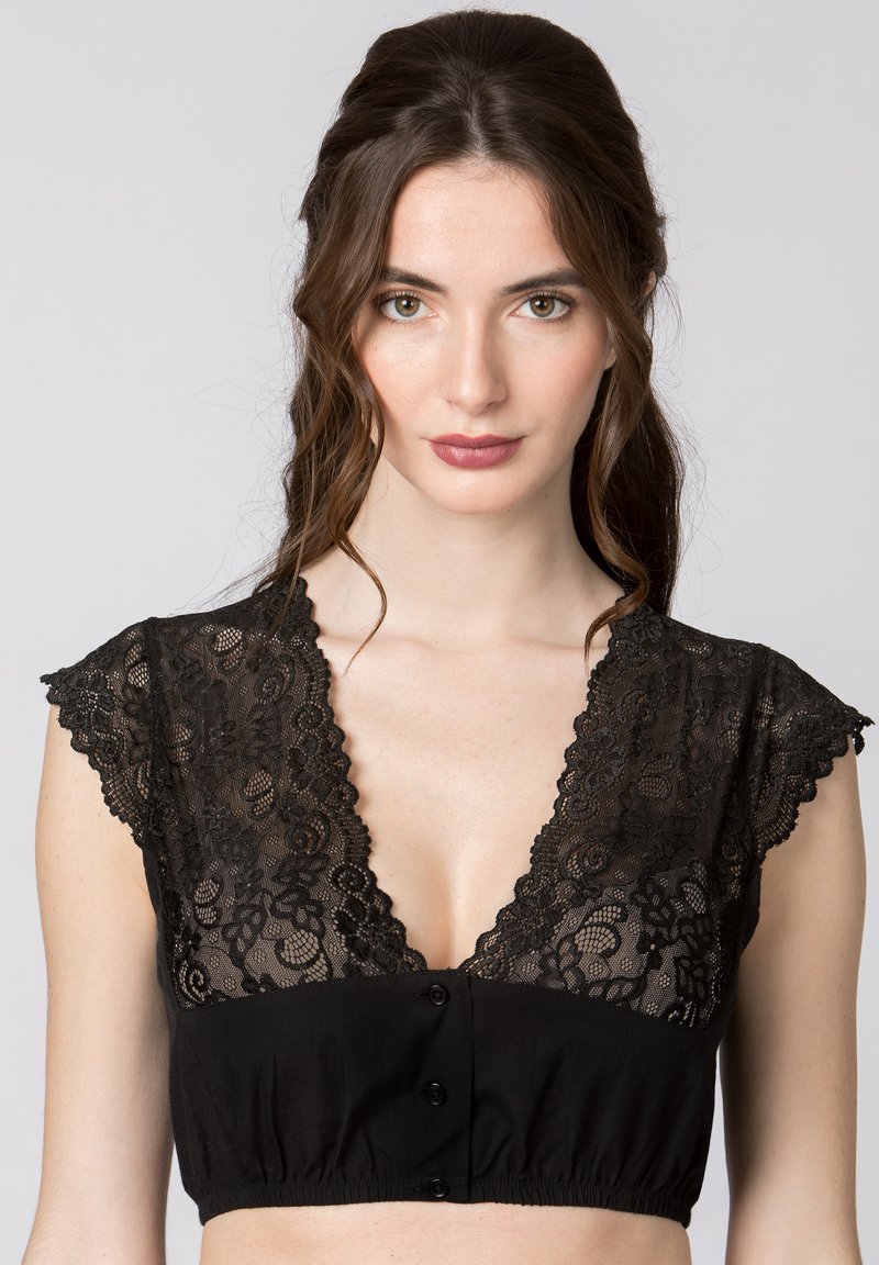 Schwarzes Spitzen-Bralette mit tiefem V-Ausschnitt und kurzen Ärmeln. Es verfügt über ein solides schwarzes Stoffband mit vorderen Knöpfen und einem elastischen Saum für eine gute Passform.