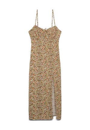 Abito midi senza maniche con spalline sottili, fantasia floreale nei toni dell’arancione, verde e rosa, con spacco frontale e busto arricciato con laccio.