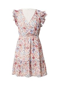 Kwiatowa sukienka z krótkimi falbaniastymi rękawami, dekoltem w kształcie V i elastyczną talią. Wzór w odcieniach różu, niebieskiego i białego; midi długość z warstwowym dołem.