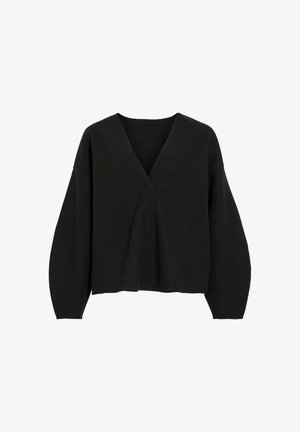 Black sweater with a deep V-neckline, loose fit, and voluminous long sleeves. Made from a soft, textured fabric. Front features a central seam.