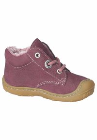 Dark pink leather ankle boots with faux fur lining, rubber sole, round toe, and pink stitching. Features metal eyelets and round laces.