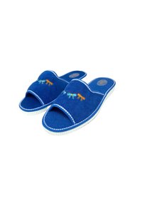 Pantofole blu senza lacci in morbido tessuto, con motivi ricamati colorati, suole testurizzate e un bordo cucito bianco.