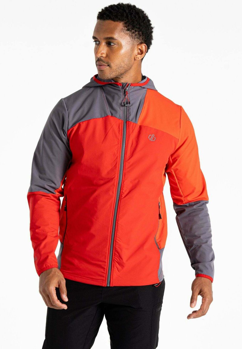 Herren-Sichtschutzjacke mit roten und grauen Farbblöcken, Kapuze, Frontreißverschluss und zwei Seitentaschen. Enthält ein Logo auf der Brust.