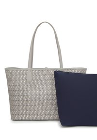 Tote bag in patterned gray material with light gray handles. Includes a solid navy blue pouch. Both items have a rectangular shape.