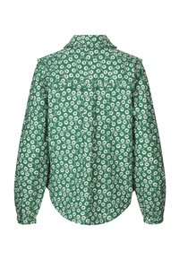 Chemise verte à manches longues, avec un motif floral blanc, un ourlet arrondi et un col classique au dos.