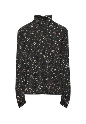 Long-sleeve turtleneck top in black fabric with a floral pattern in red, white, and green. Soft texture with fitted design and cuffed sleeves.