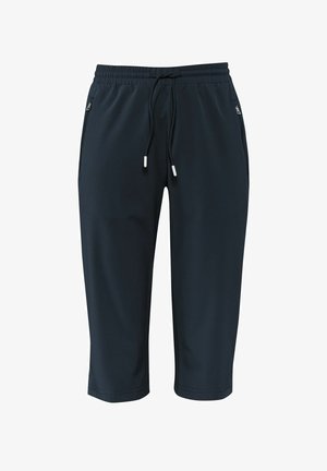 Navyblauwe capri-broeken van lichtgewicht, rekbaar materiaal. Heeft een elastische tailleband met een trekkoord en zijzakken. Gladde textuur.