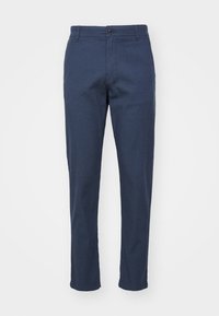 Námořnické modré kalhoty vyrobené z texturované tkaniny, s knoflíkovým zapínáním, plochým předním dílem a rovnými nohavicemi s zúženým střihem.