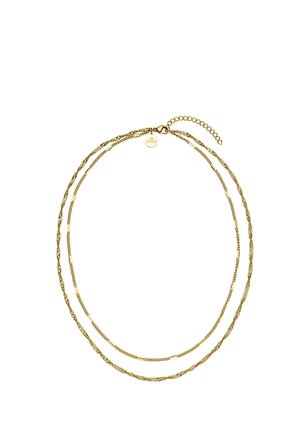 Zweischichtige Goldkette mit feinen und verdrehten Gliedern und einem kleinen runden Anhänger nahe dem Verschluss auf weißem Hintergrund.