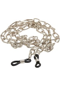 Metal chain with oval links, silver color, featuring two black rubber accents shaped like loops at both ends.