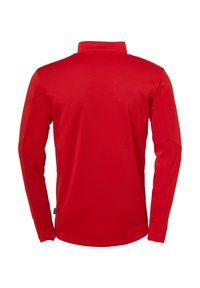 Rode langemouwen shirt met een kraag. Gladde stof met een effen kleur. Geen zichtbare patronen of hardwaredetails. Rechte snit.