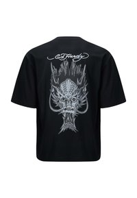 Black short-sleeve t-shirt featuring a large, detailed silver dragon graphic on the back, with stylized text "Ed Hardy" above it.