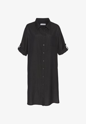 Chemise noire à boutons avec des manches courtes retroussées, une poche sur la poitrine et une coupe ample, fabriquée dans un tissu léger.