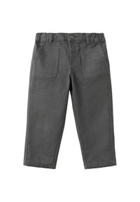 Grijze katoenen broek met een rechte pijp, voorzien van twee voorzakken en een knoopsluiting, wat zorgt voor een eenvoudige en functionele uitstraling.