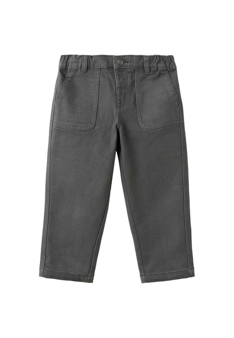 Grijze katoenen broek met een rechte pijp, voorzien van twee voorzakken en een knoopsluiting, wat zorgt voor een eenvoudige en functionele uitstraling.