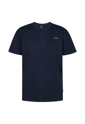 Camiseta azul marino de manga corta con superficie texturizada, cuello redondo y un pequeño logo en el pecho. Fabricada con tejido transpirable.