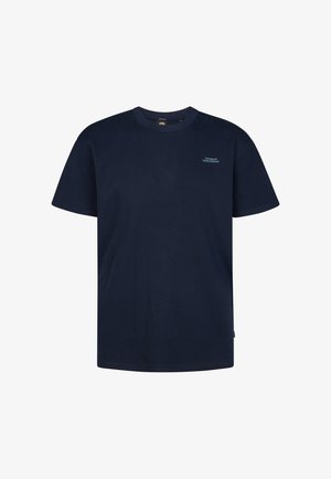 Camiseta azul marino de manga corta con superficie texturizada, cuello redondo y un pequeño logo en el pecho. Fabricada con tejido transpirable.