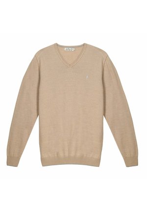 Pull beige à col en V et manches longues avec poignets et ourlet côtelés, en tissu tricoté léger, petit logo brodé sur le côté gauche de la poitrine.
